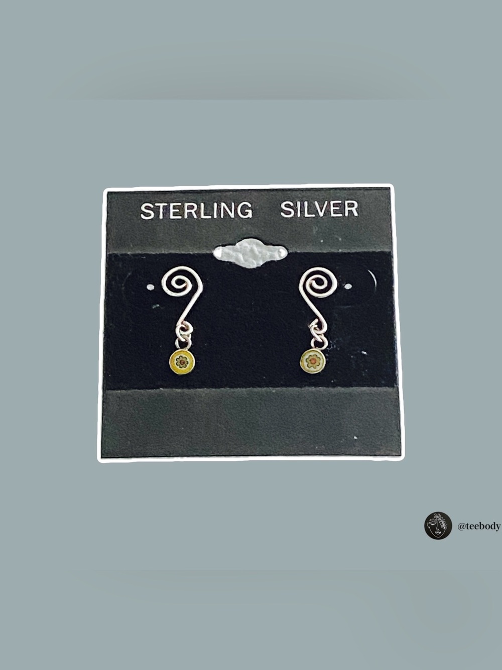 VTG NWT .925 Sterling Silver Spiral Millefiori Glass Dangle Stud Earrings